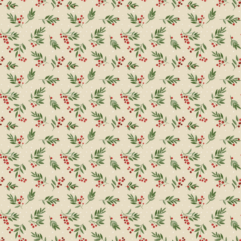 light sand colored fabric with scattered pattern of white dots and tossed berry sprigs.