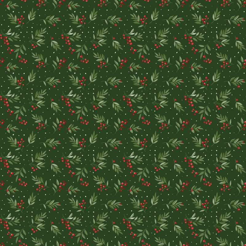 Pine green fabric with scattered pattern of white dots and tossed berry sprigs.