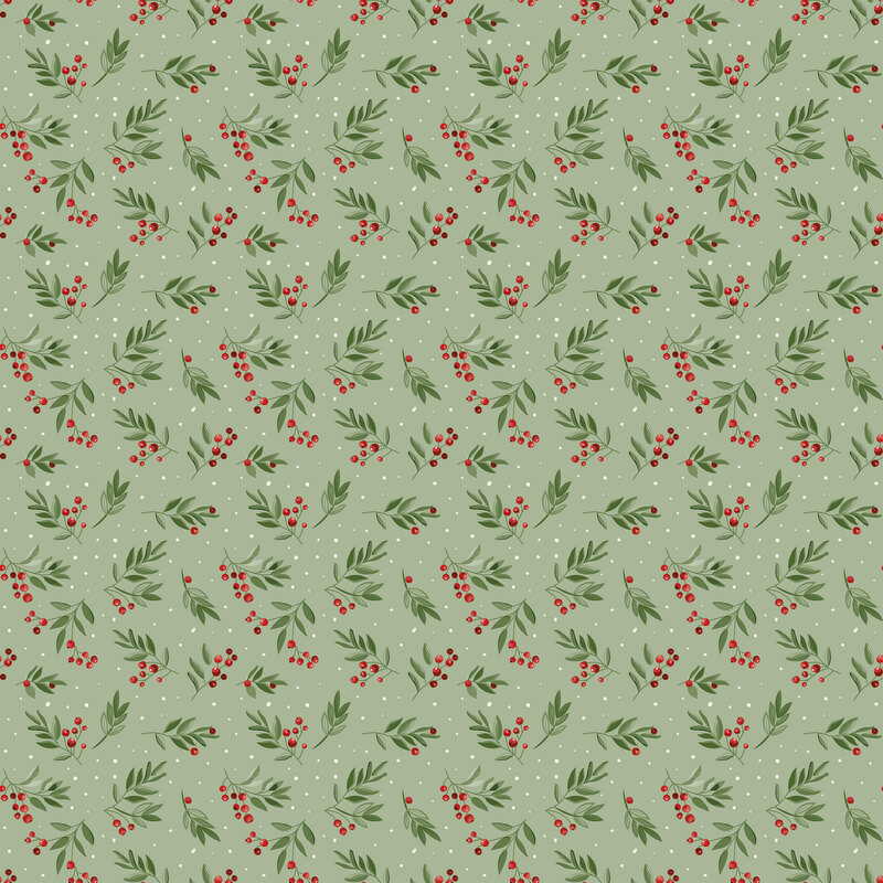 Cool sage fabric with scattered pattern of white dots and tossed berry sprigs.