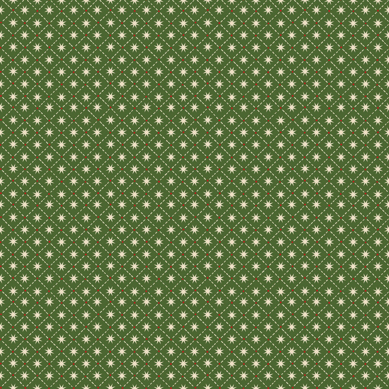Green fabric with a cream dashed grid filled with stars and red dots.