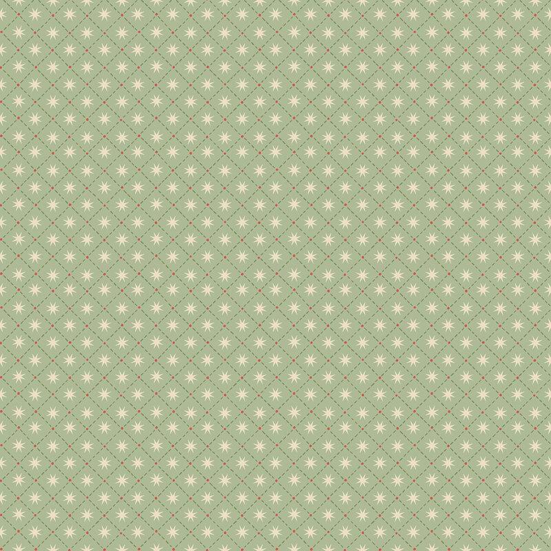 Cool sage fabric with a green dashed grid filled with cream stars and red dots.