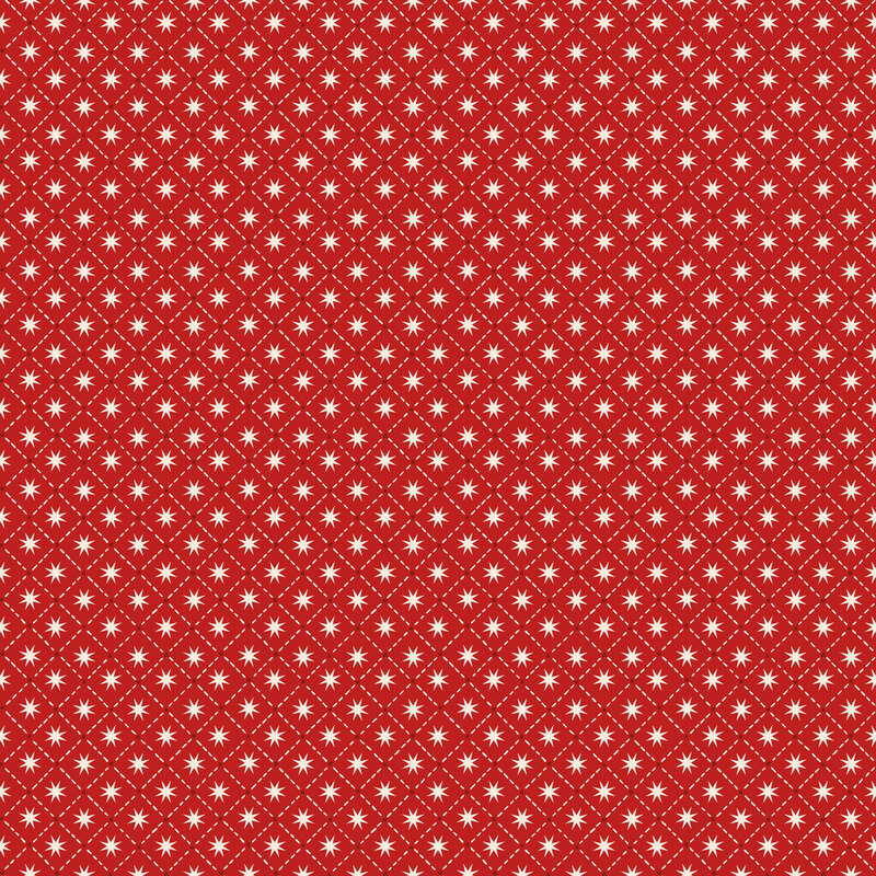 Red fabric with a white dashed grid filled with stars and dark red dots.