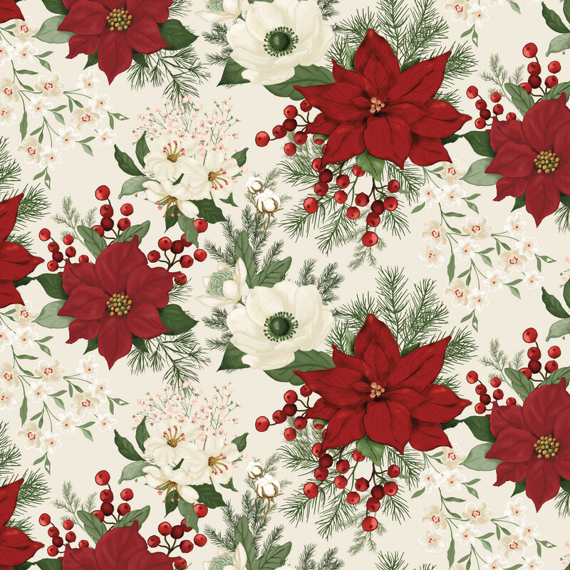 Cream fabric with a large medley of red and cream florals and green leafy accents.