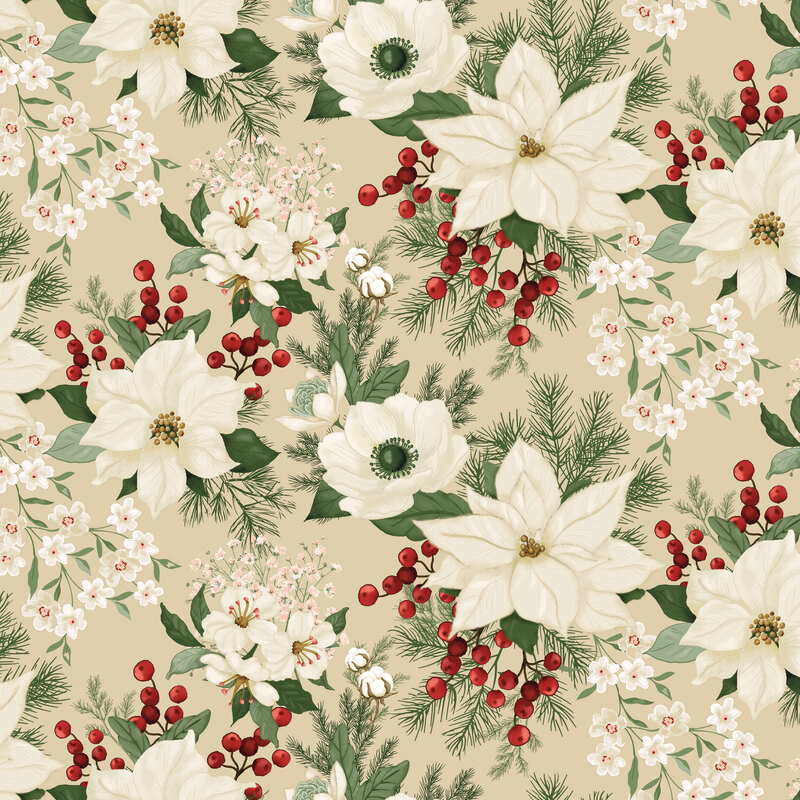 Light sand fabric with a large medley of cream florals and green leafy accents.