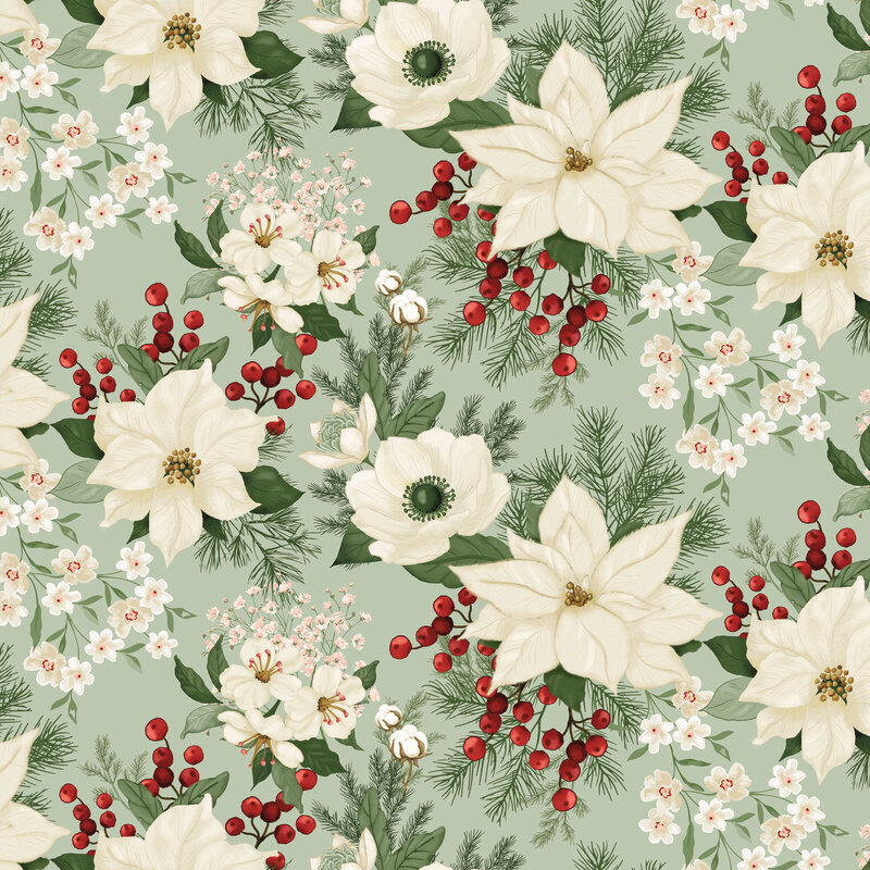 Cool sage fabric with a large medley of cream florals and green leafy accents.
