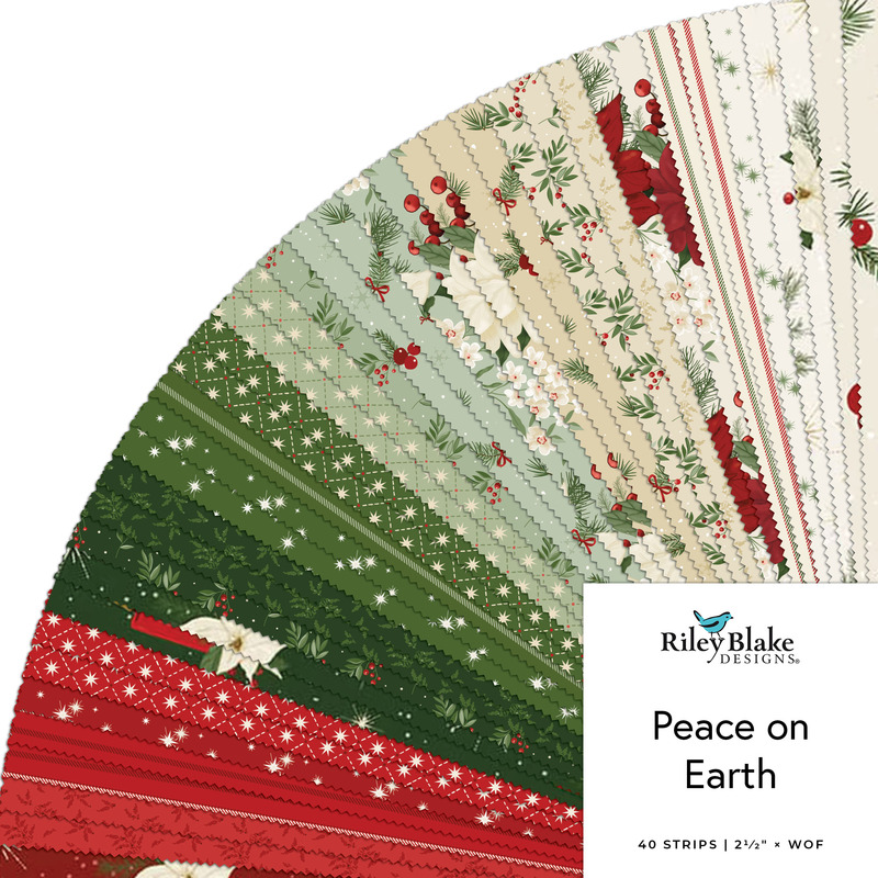 Digital collage of the 2.5" Strip Roll Bundle from the Peace on Earth fabric collection.