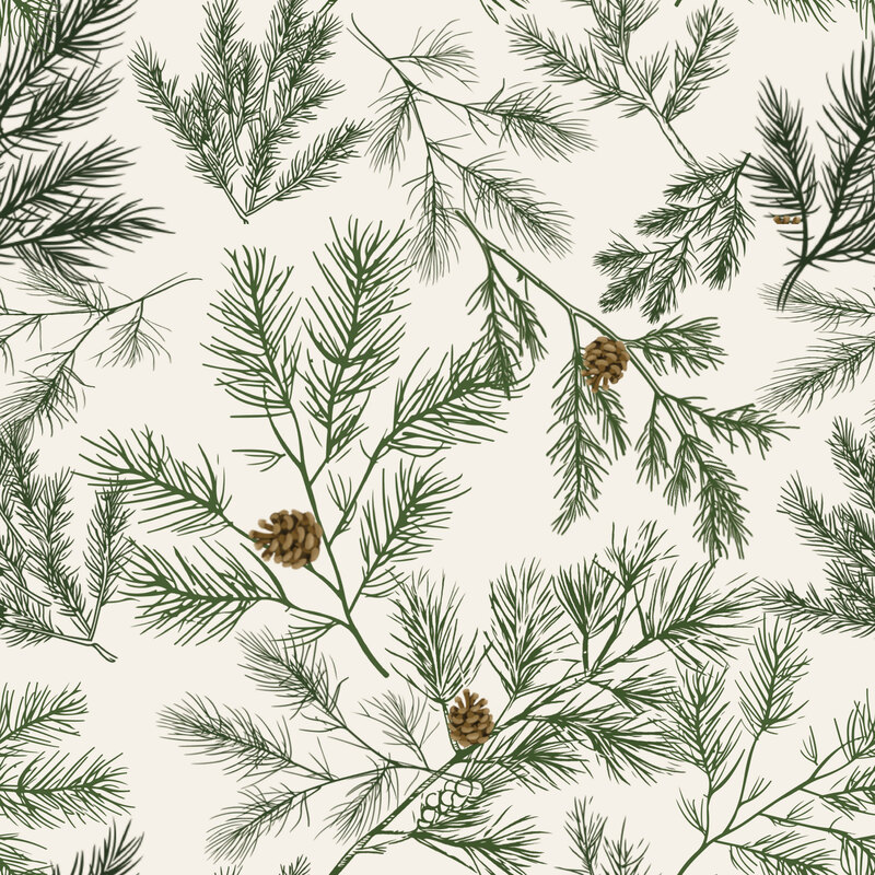 Cream fabric with a tossed design of different pine boughs.