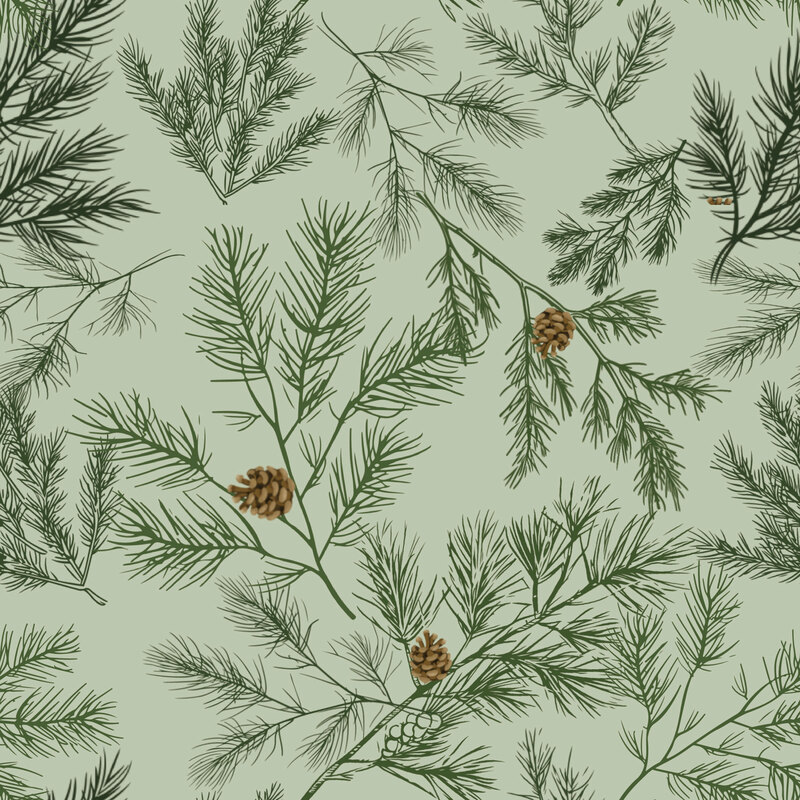 Cool sage fabric with a tossed design of different pine boughs.