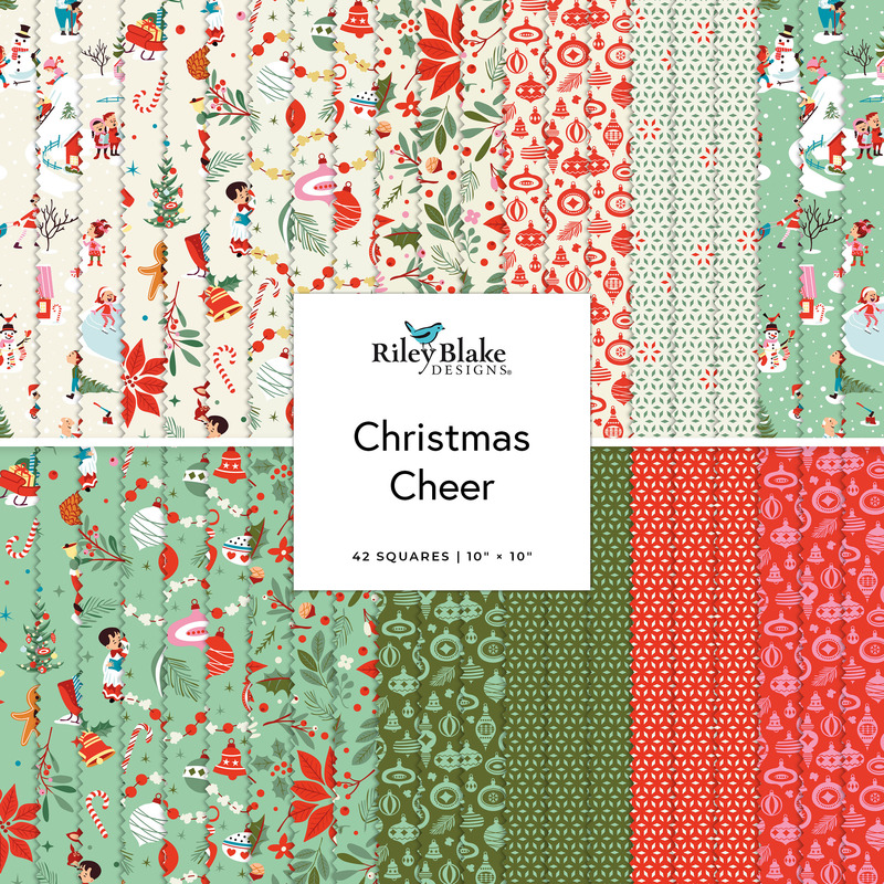 Digital collage of the Layer Cake Bundle from the Christmas Cheer fabric collection.