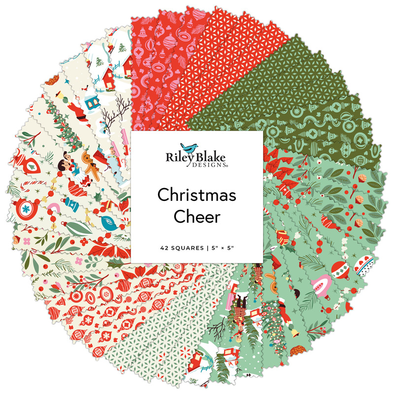 Digital collage of the Charm Pack Bundle from the Christmas Cheer fabric collection.