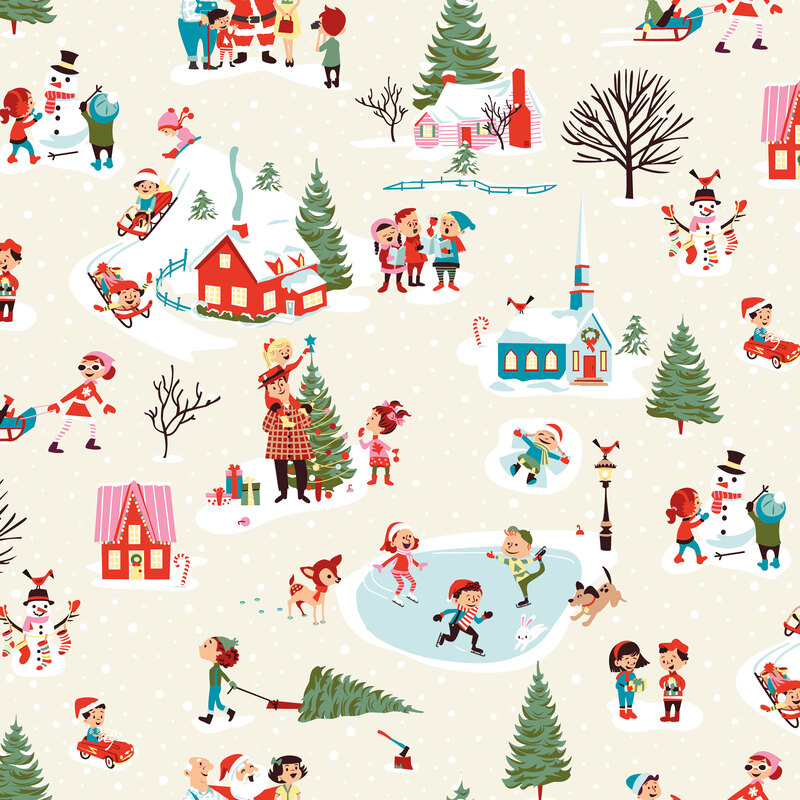 Cream fabric with snowflakes and toile scenes of icy ponds, children playing, churches, cottages, and snowmen.