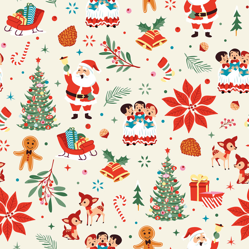 Cream fabric scattered with poinsettias, illustrated deer, Santas, choirs, gingerbread cookies, and other Christmas motifs.