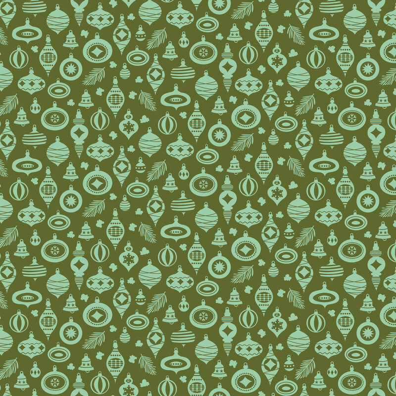 Dark olive green fabric with scattered mint Christmas ornaments.