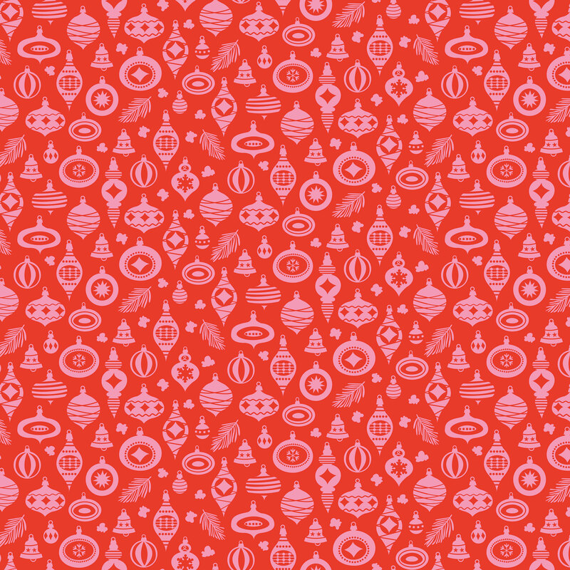 Red fabric with scattered pink Christmas ornaments.