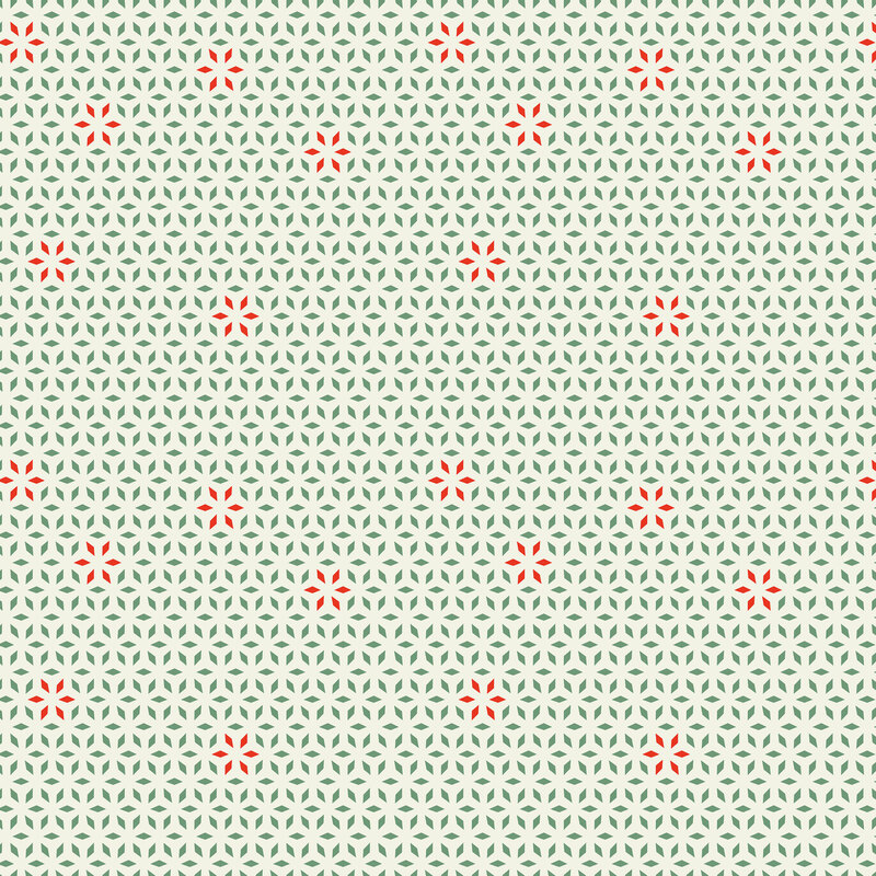 Cream fabric with a green and red geometric snowflake pattern.