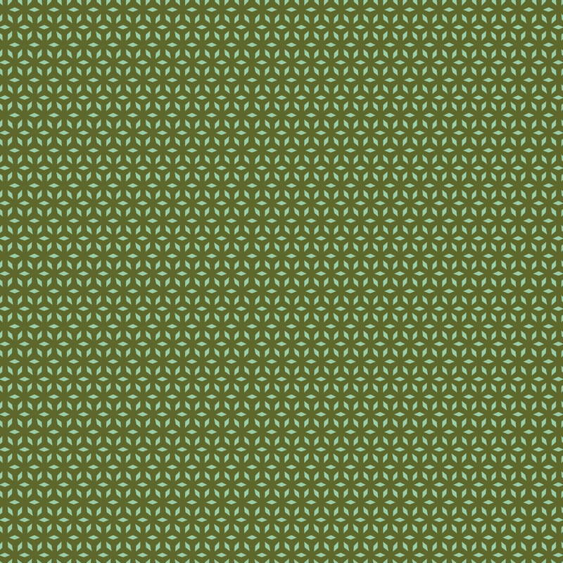 Olive green fabric with a mint geometric snowflake pattern.