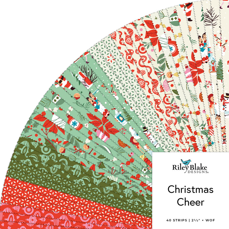 Digital collage of the Jelly Roll Bundle from the Christmas Cheer fabric collection.