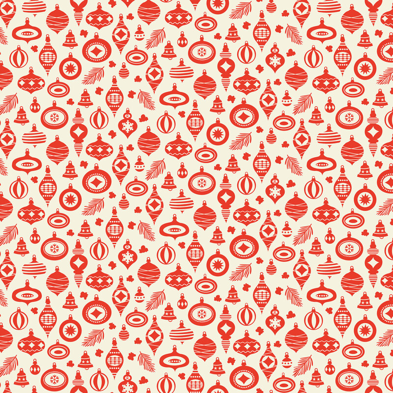 Cream fabric with scattered red Christmas tree ornaments.
