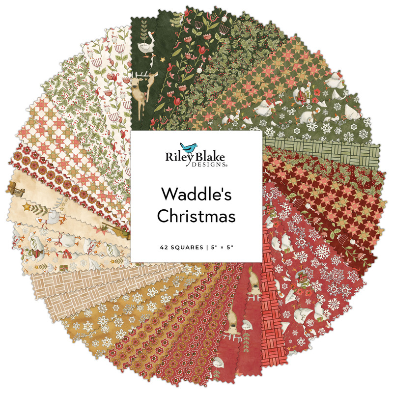Digital collage of the Charm Pack Bundle from the Waddle's Christmas fabric collection.