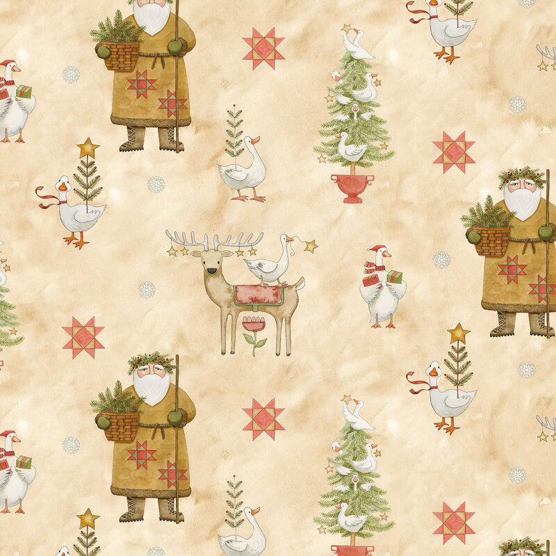 Mottled cream fabric scattered with folk art Santa, reindeer, white geese, Christmas trees, and light red sawtooth stars.