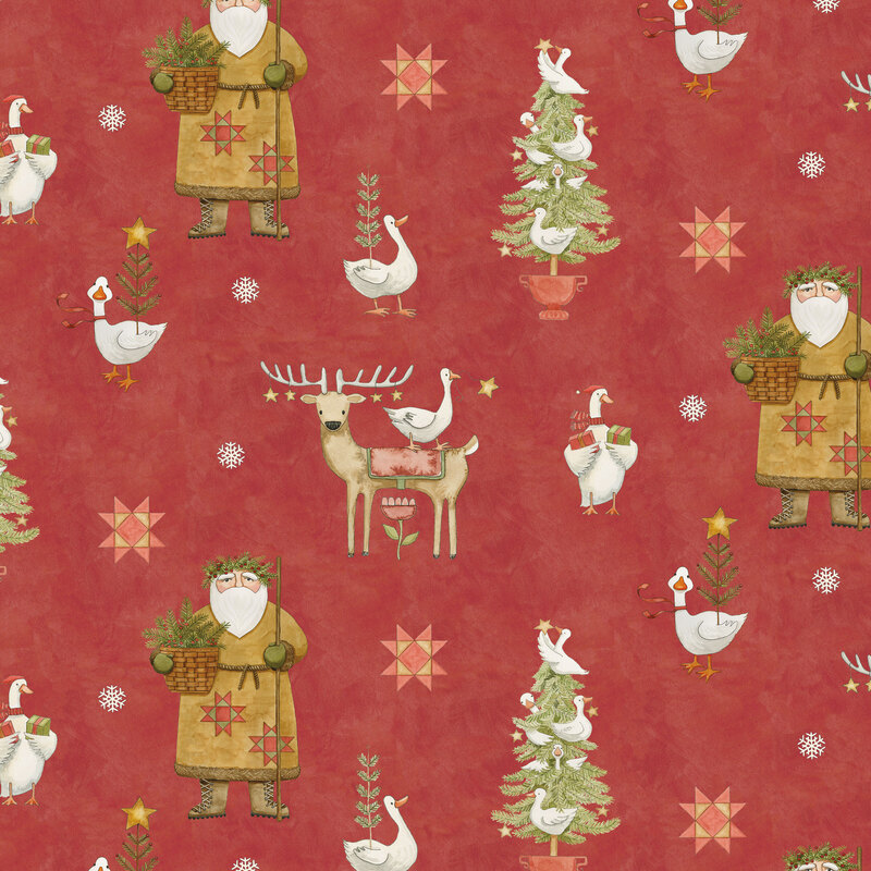 Mottled red fabric scattered with folk art Santa, reindeer, white geese, Christmas trees, and light red sawtooth stars.