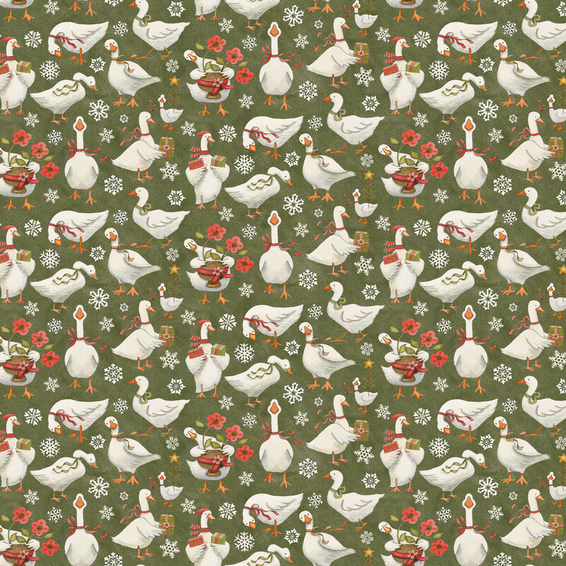 Avocado green mottled fabric with white geese in different poses and scenarios surrounded by a medley of white snowflakes.