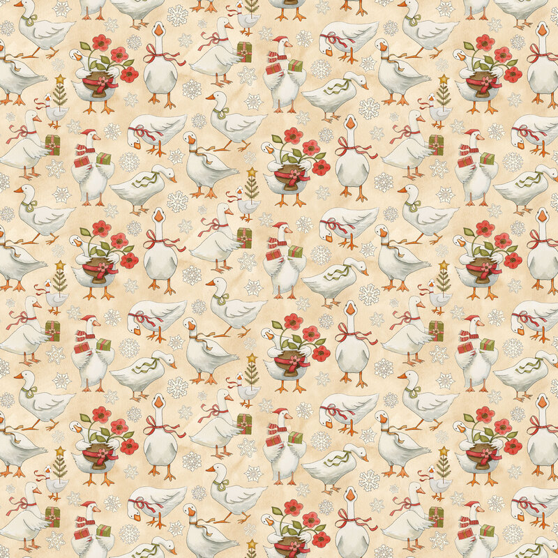 Cream mottled fabric with white geese in different poses and scenarios surrounded by a medley of white snowflakes.