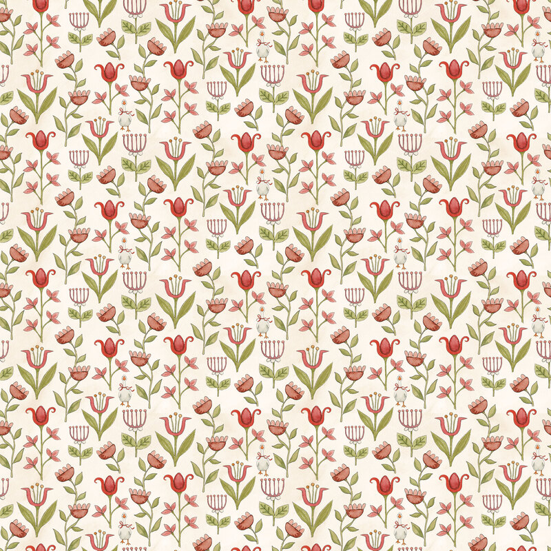 Mottled cream fabric with a packed design of red floral stalks and small white geese scattered throughout.