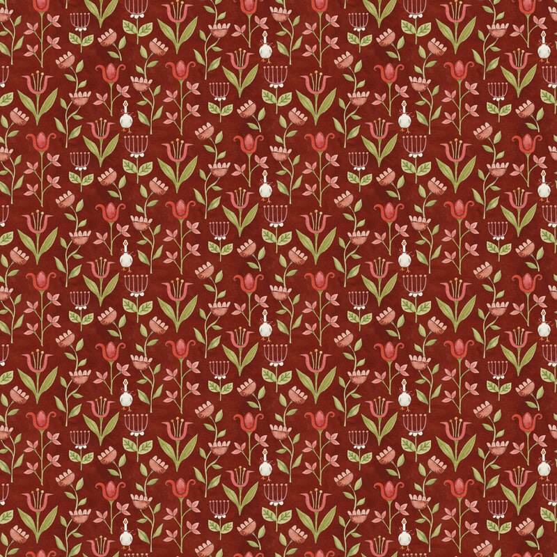 Mottled deep ruby red fabric with a packed design of red floral stalks and small white geese scattered throughout.