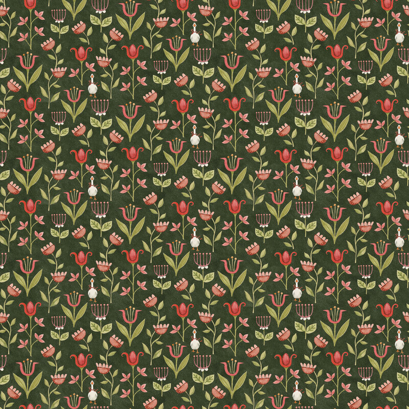Mottled pine green fabric with a packed design of red floral stalks and small white geese scattered throughout.