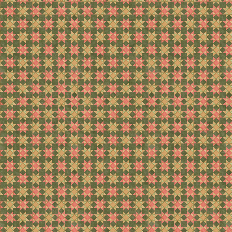 Mottled green fabric with a grid design of alternating light orange and red sawtooth stars.