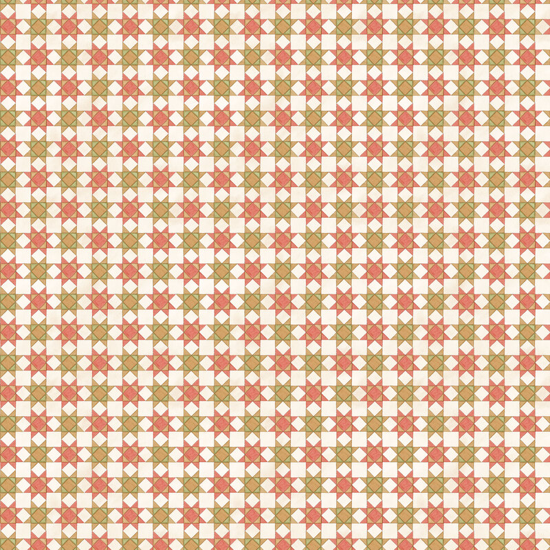 Mottled white fabric with a grid design of alternating light orange, red, and green sawtooth stars.