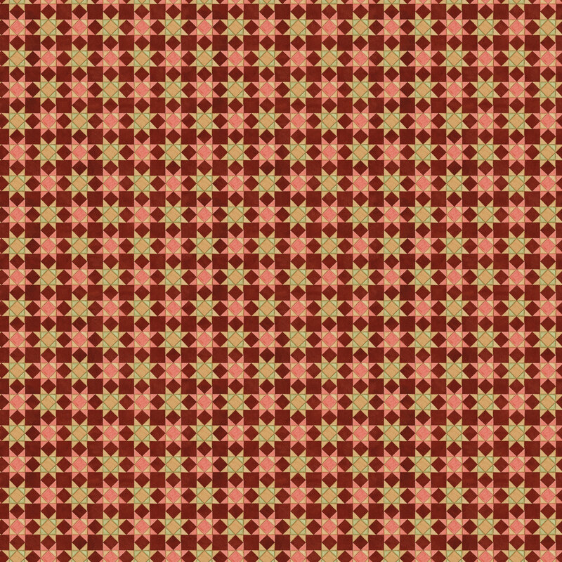 Mottled ruby red fabric with a grid design of alternating light orange, red, and green sawtooth stars.