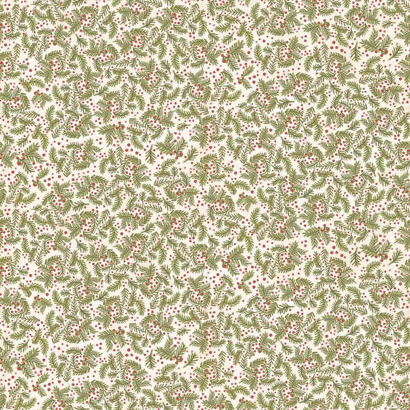 Mottled white fabric packed with scattered pine sprigs and red berries.