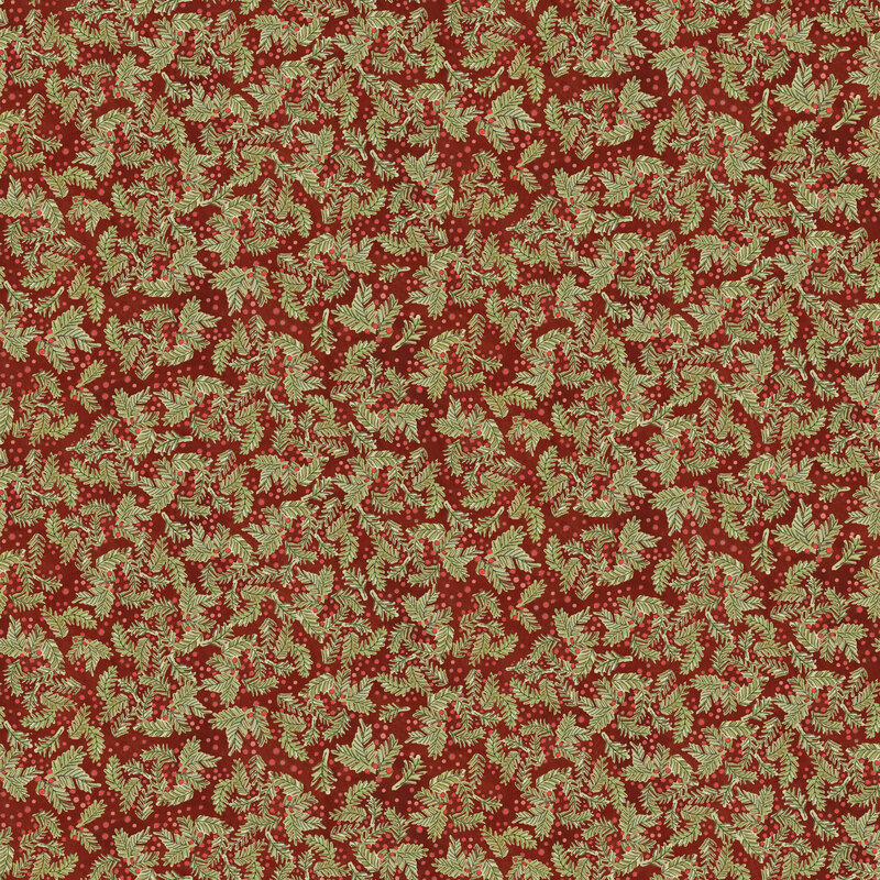 Mottled ruby red green fabric packed with scattered pine sprigs and red berries.