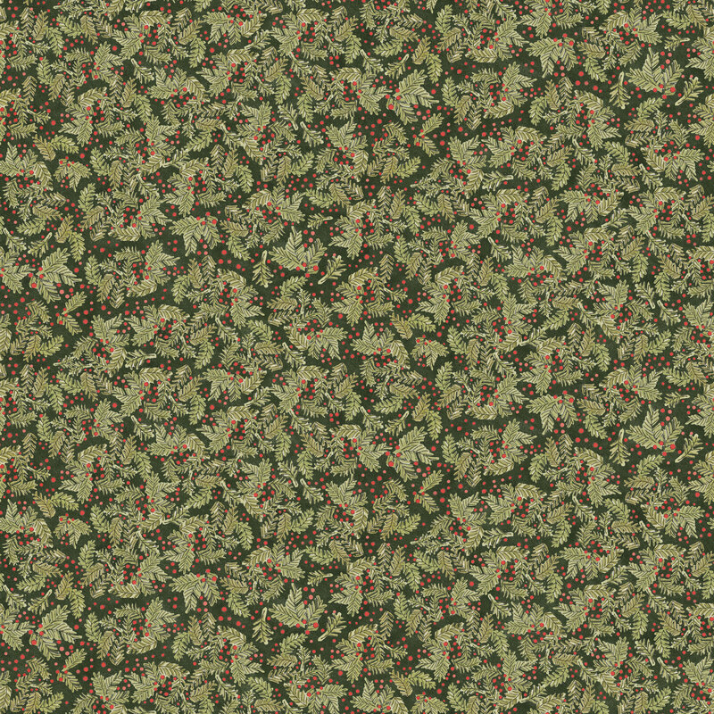 Mottled pine green fabric packed with scattered pine sprigs and red berries.