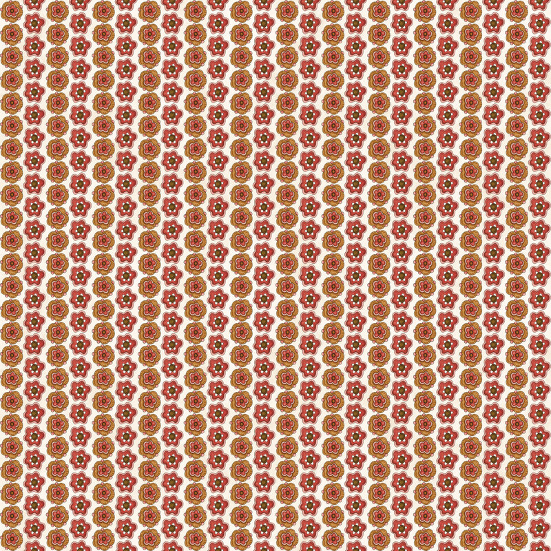 White fabric with alternating vertical stripes of red and orange floral blooms.