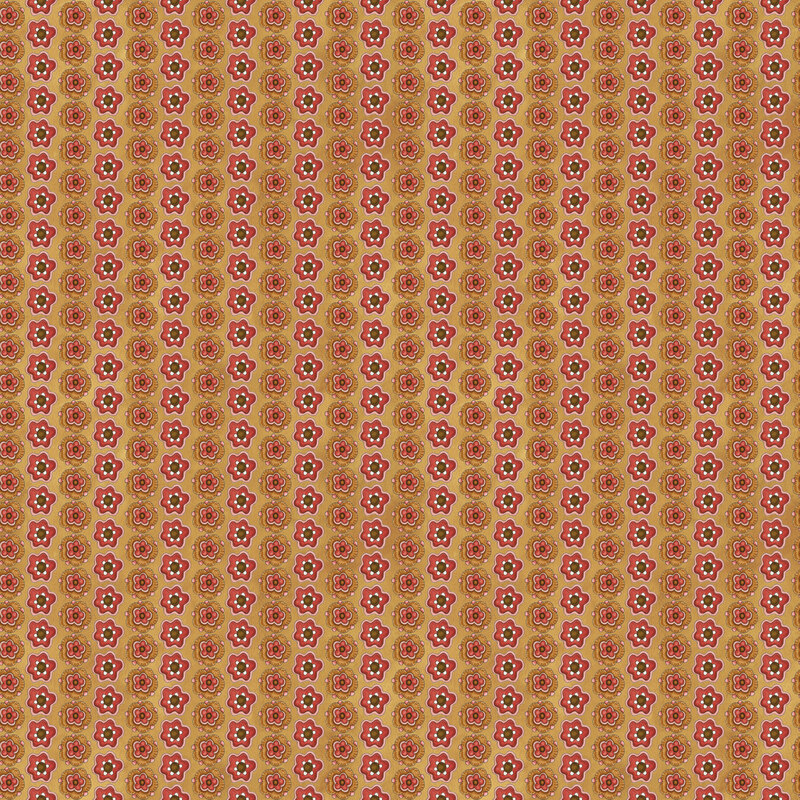 Gold fabric with alternating vertical stripes of red and orange floral blooms.