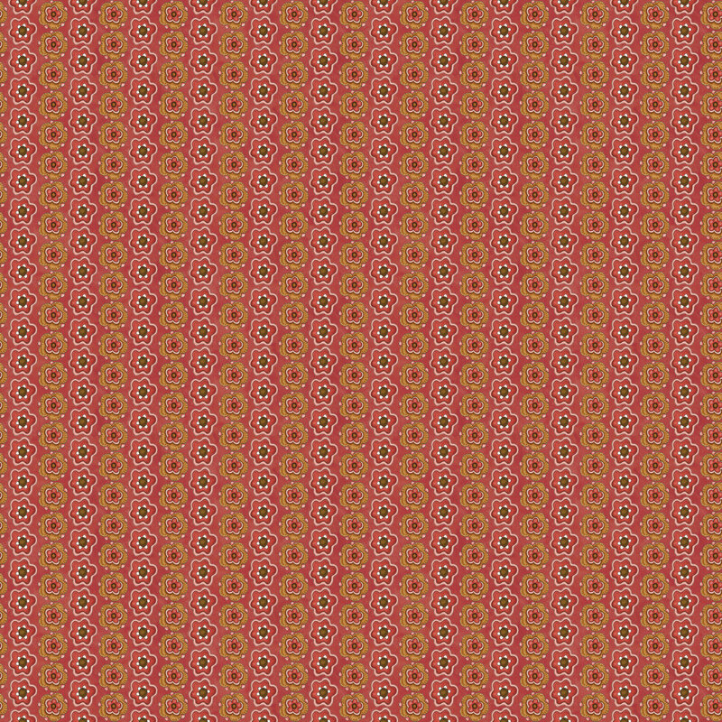 Red fabric with alternating vertical stripes of red and orange floral blooms.