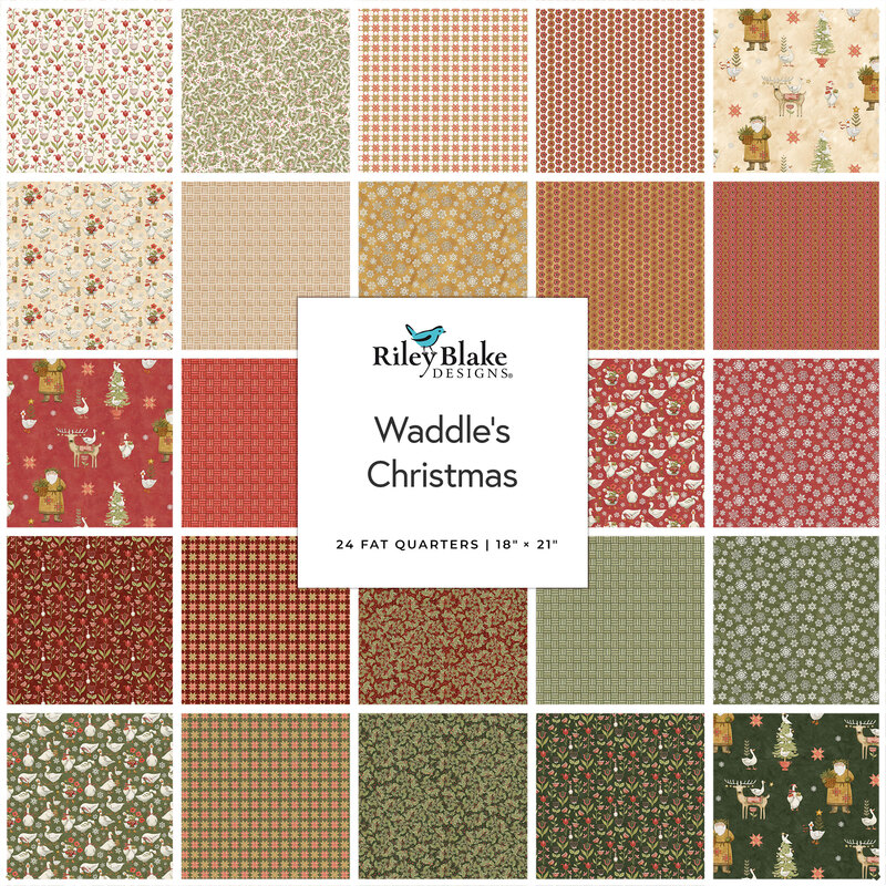 Digital collage of the Fat Quarter Bundle from the Waddle's Christmas fabric collection.