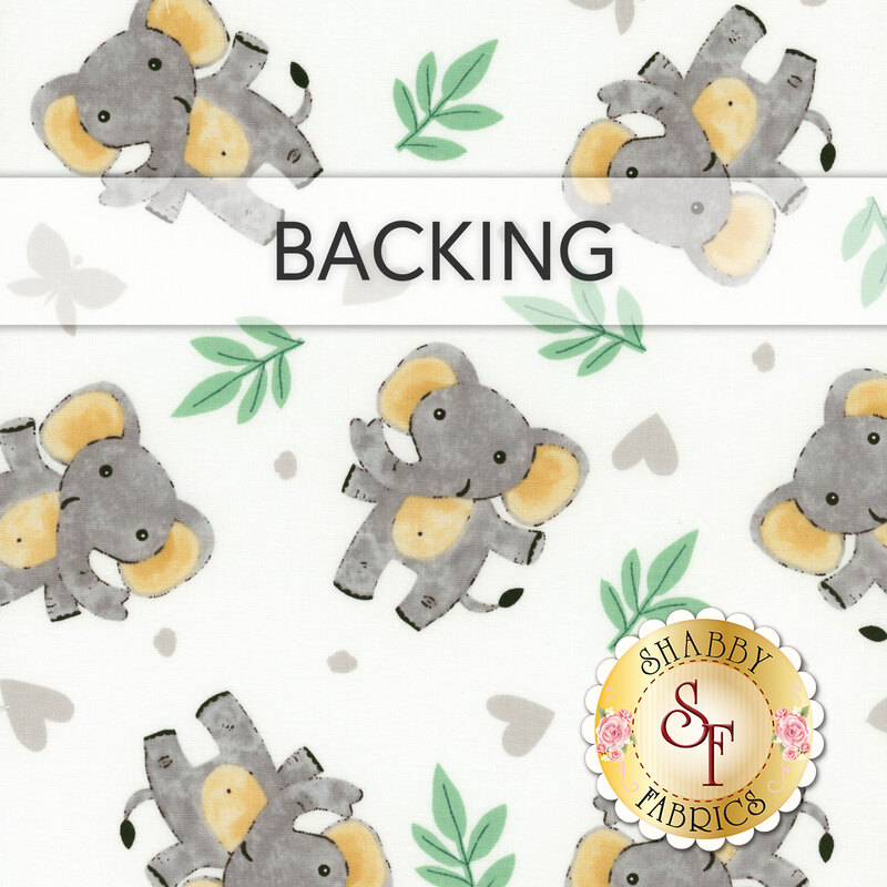 A white swatch of fabric with tossed gray elephants, hearts, and green leaves; a transparent banner at the top reads "Backing." 