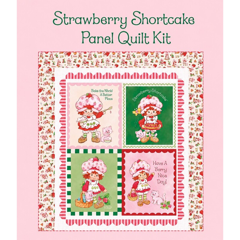 Patchwork quilt with four Strawberry Shortcake illustrations and floral border on a pink background