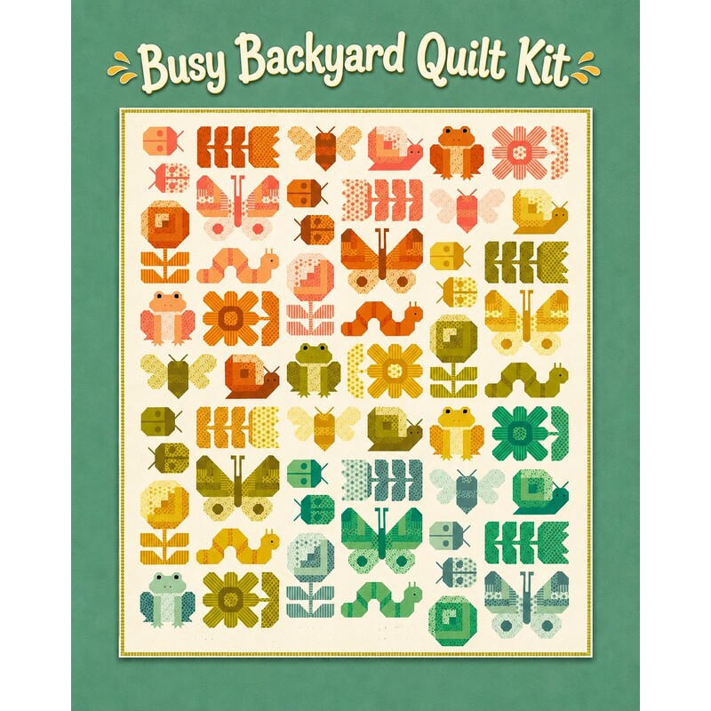 Mockup of the completed quilt, colored in a rainbow of prints from the Popcorn collection on a teal background.