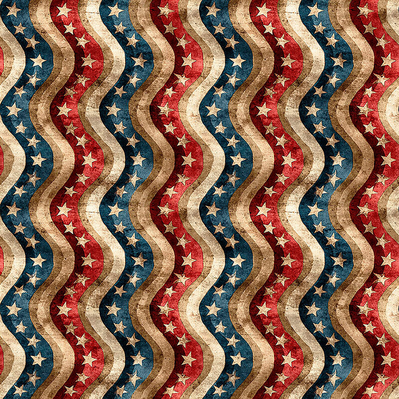 This multicolored fabric features a design of wavy stripes with stars. 
