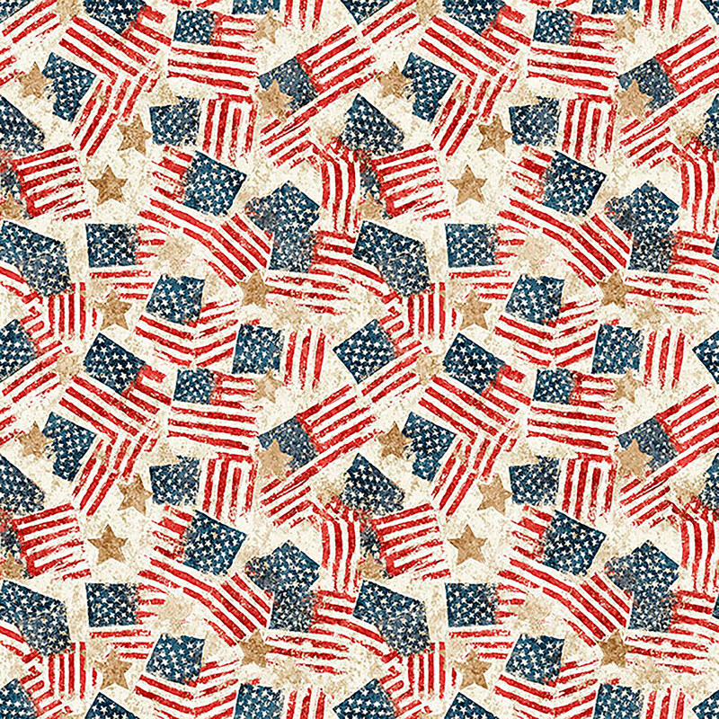 This cream fabric features a packed design of American flags and gold stars. 