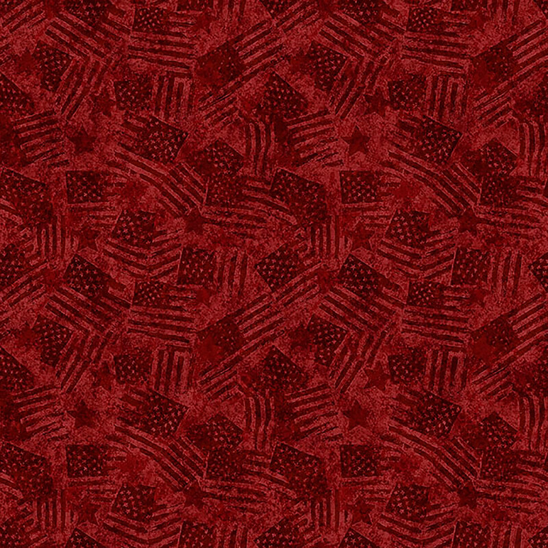 This tonal dark red fabric features a packed design of American flags and stars. 