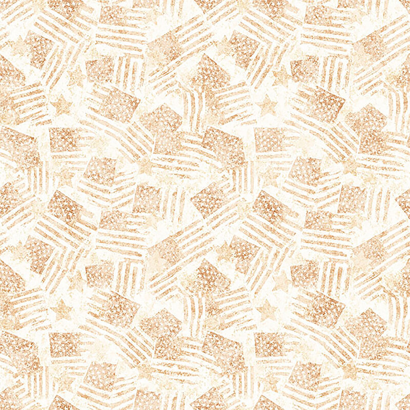 This cream fabric features a packed design of light ginger brown American flags and stars. 