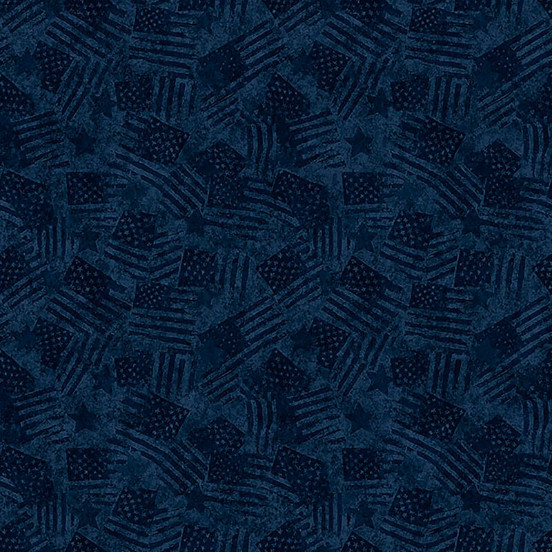 This tonal navy blue fabric features a packed design of American flags and stars. 