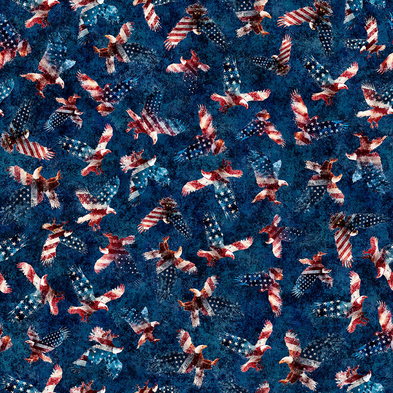 This rustic navy blue fabric features tossed silhouette of bald eagles filled with American flag designs. 