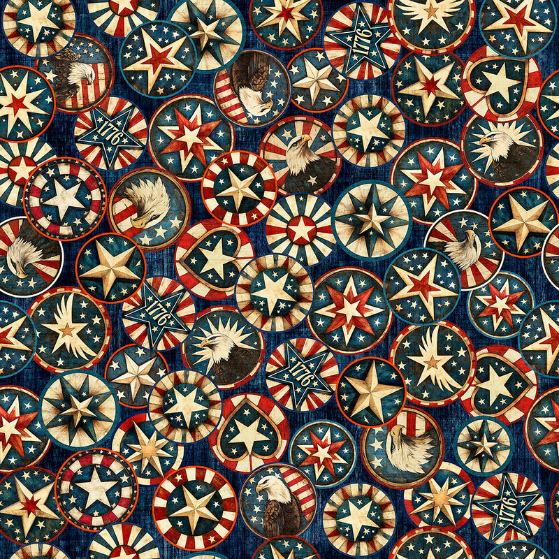 This blue fabric features emblems of patriotic motifs. 